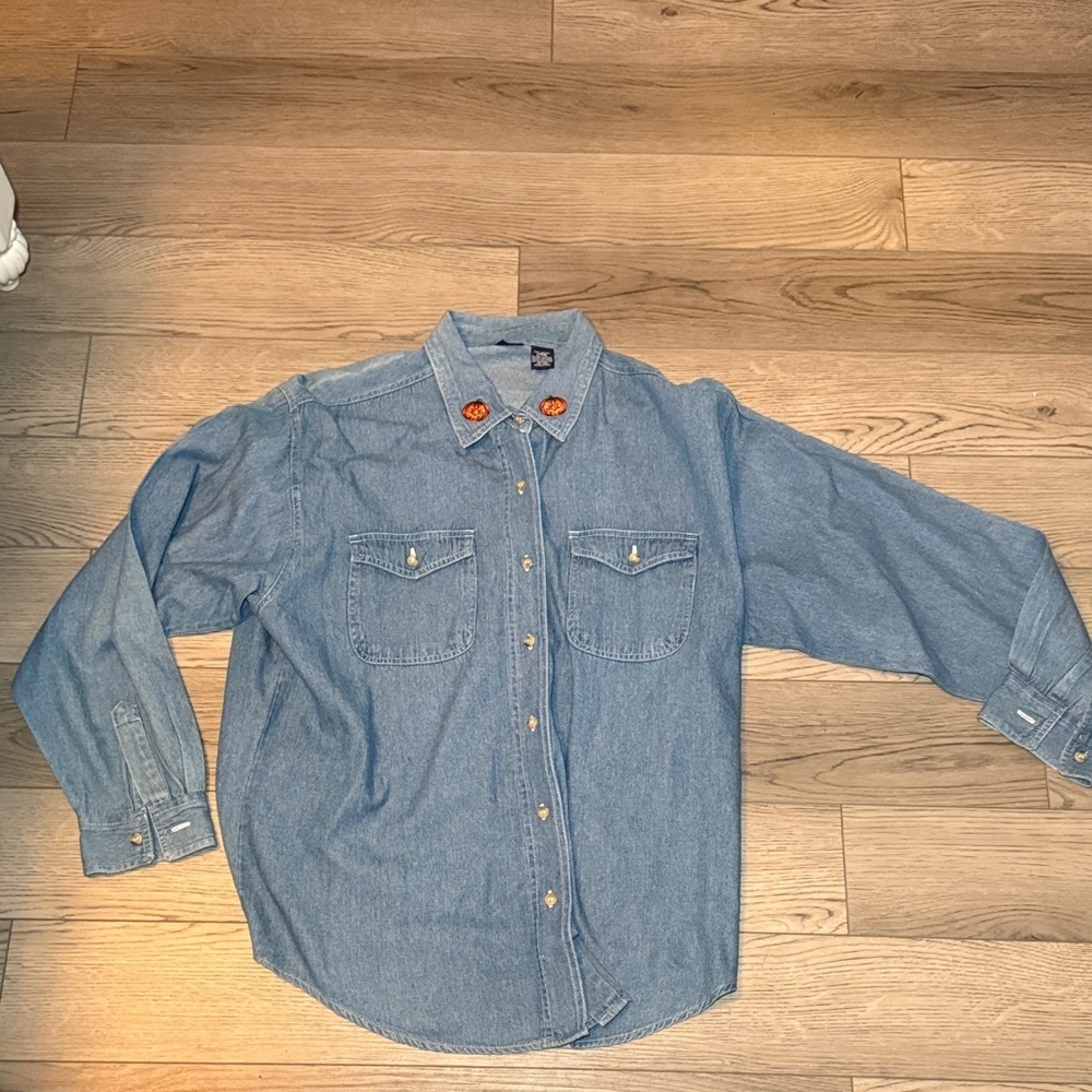 Vintage Honors Halloween Jack O Lantern Pumpkin Button Up Denim Shirt Size Large